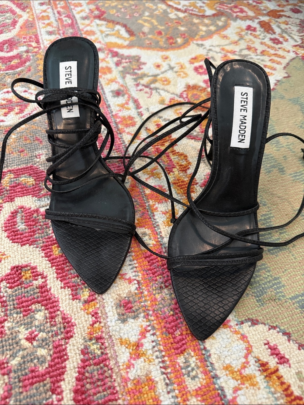 Steve Madden Black Lace-Up Pointed Toe Strappy Heels